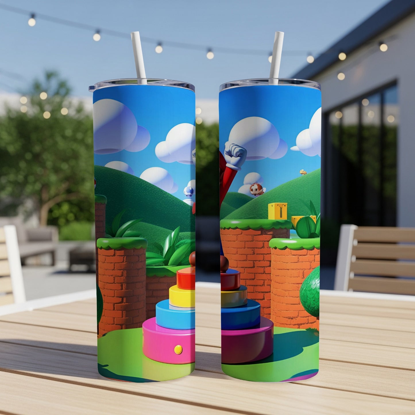 Mario characters on a colorful, cylindrical tumbler with a pixelated background.