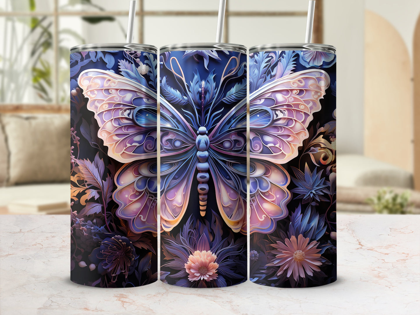 Three tumblers with a detailed blue and purple butterfly and floral design.