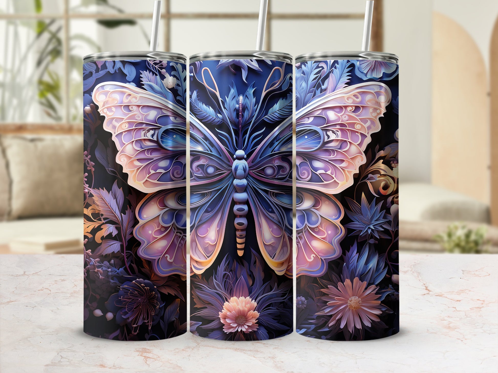 Three tumblers with a detailed blue and purple butterfly and floral design.
