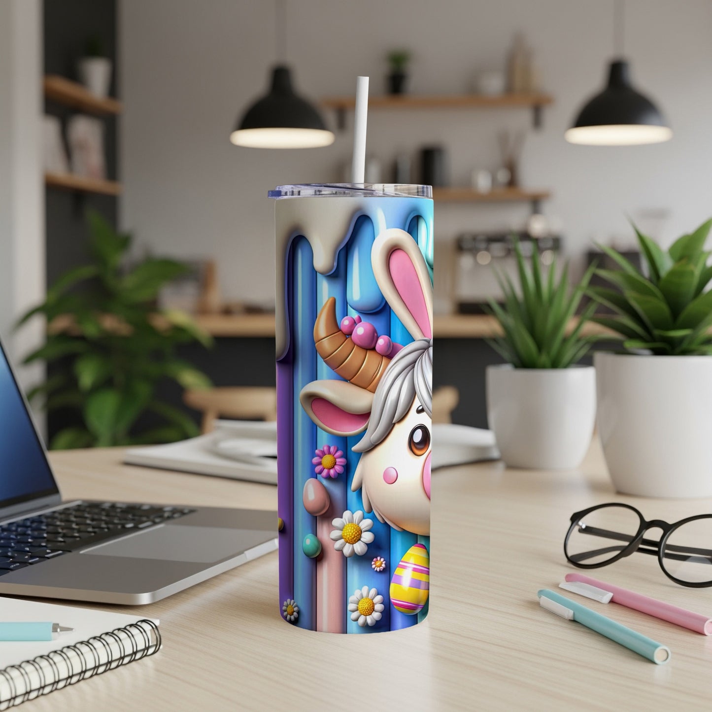Easter cow tumbler with bunny ears, colorful eggs, and flowers.