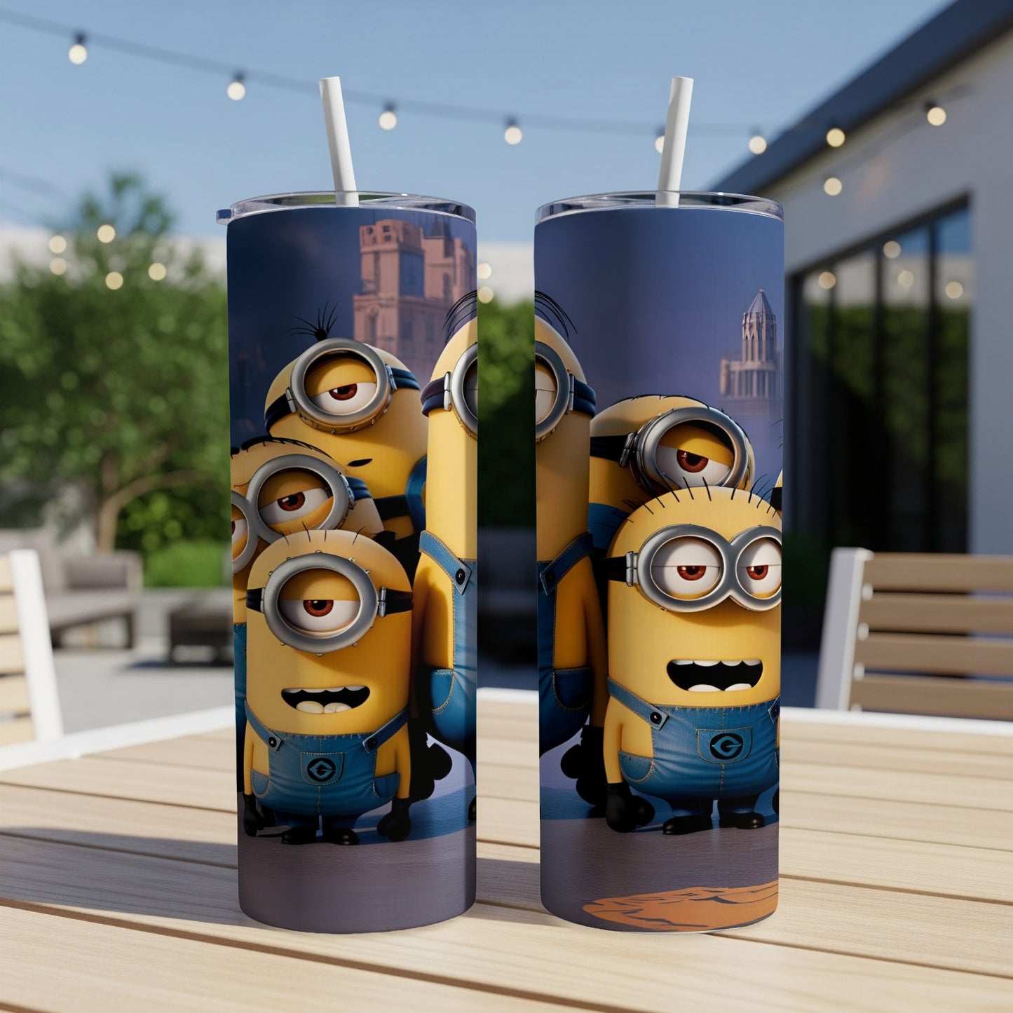 Minions with goggles and overalls on a blue background.