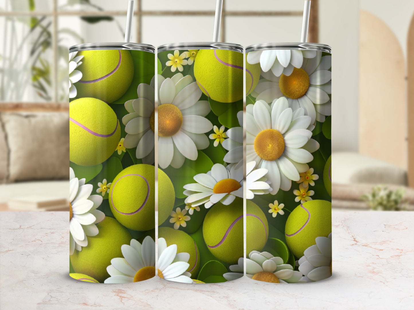 Tennis balls and daisies pattern on a tumbler.