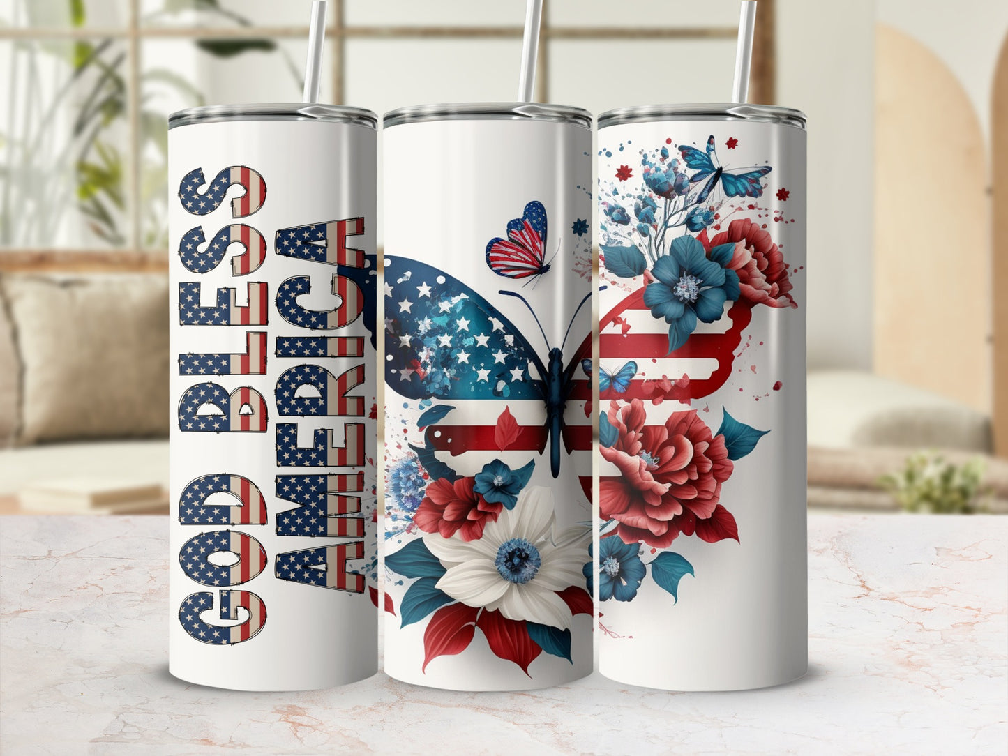 "God Bless America" tumbler with patriotic butterfly and floral design.