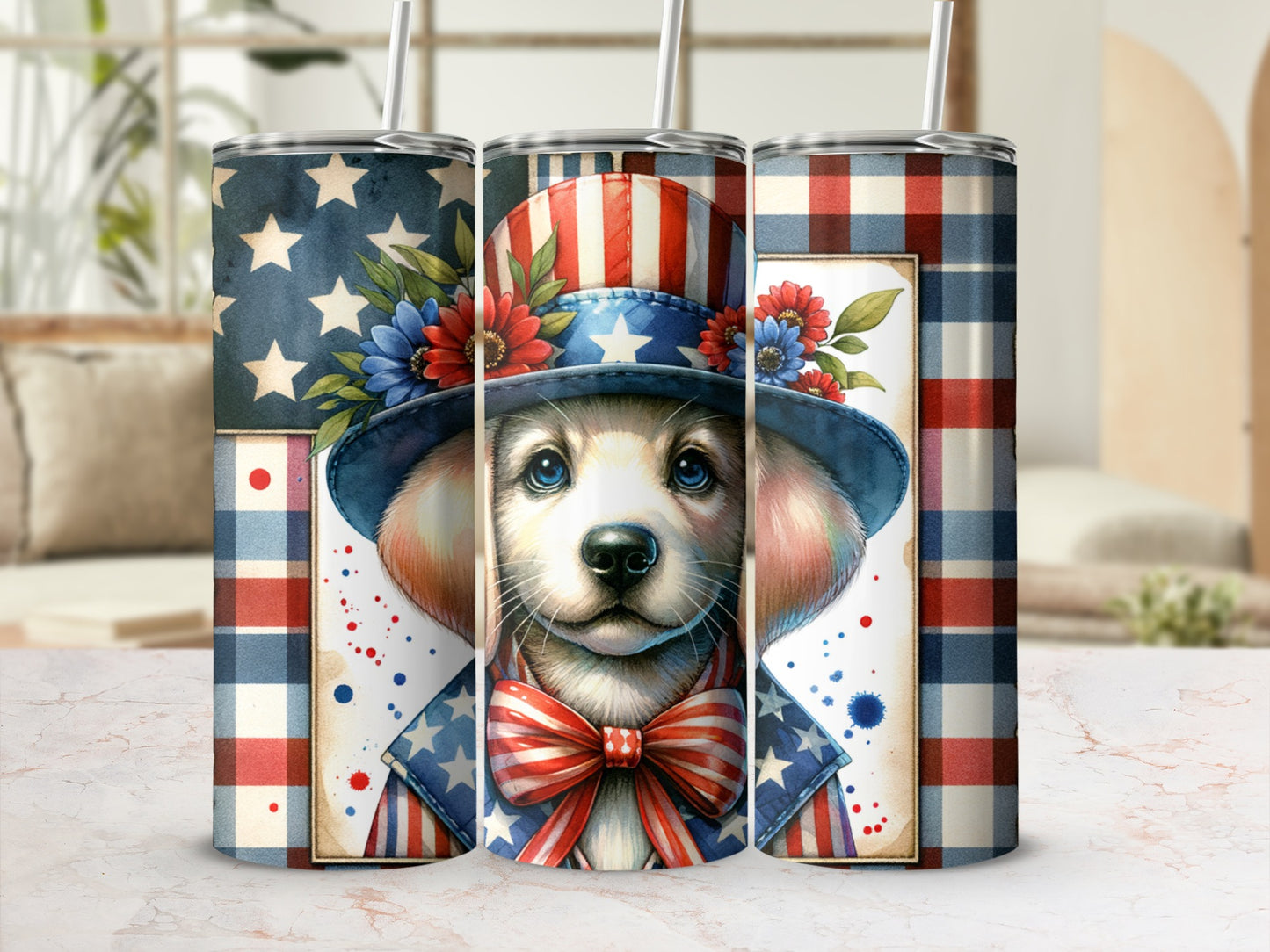 Puppy in patriotic hat and bow tie, stars, and plaid pattern.