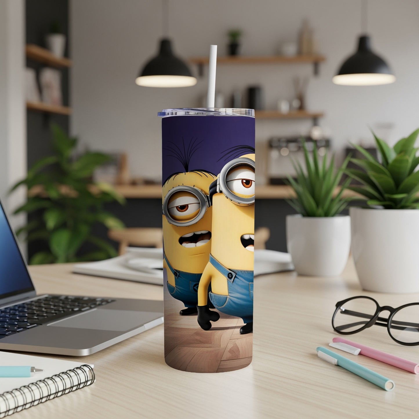 Two Minions with denim overalls on a purple background on a tumbler.