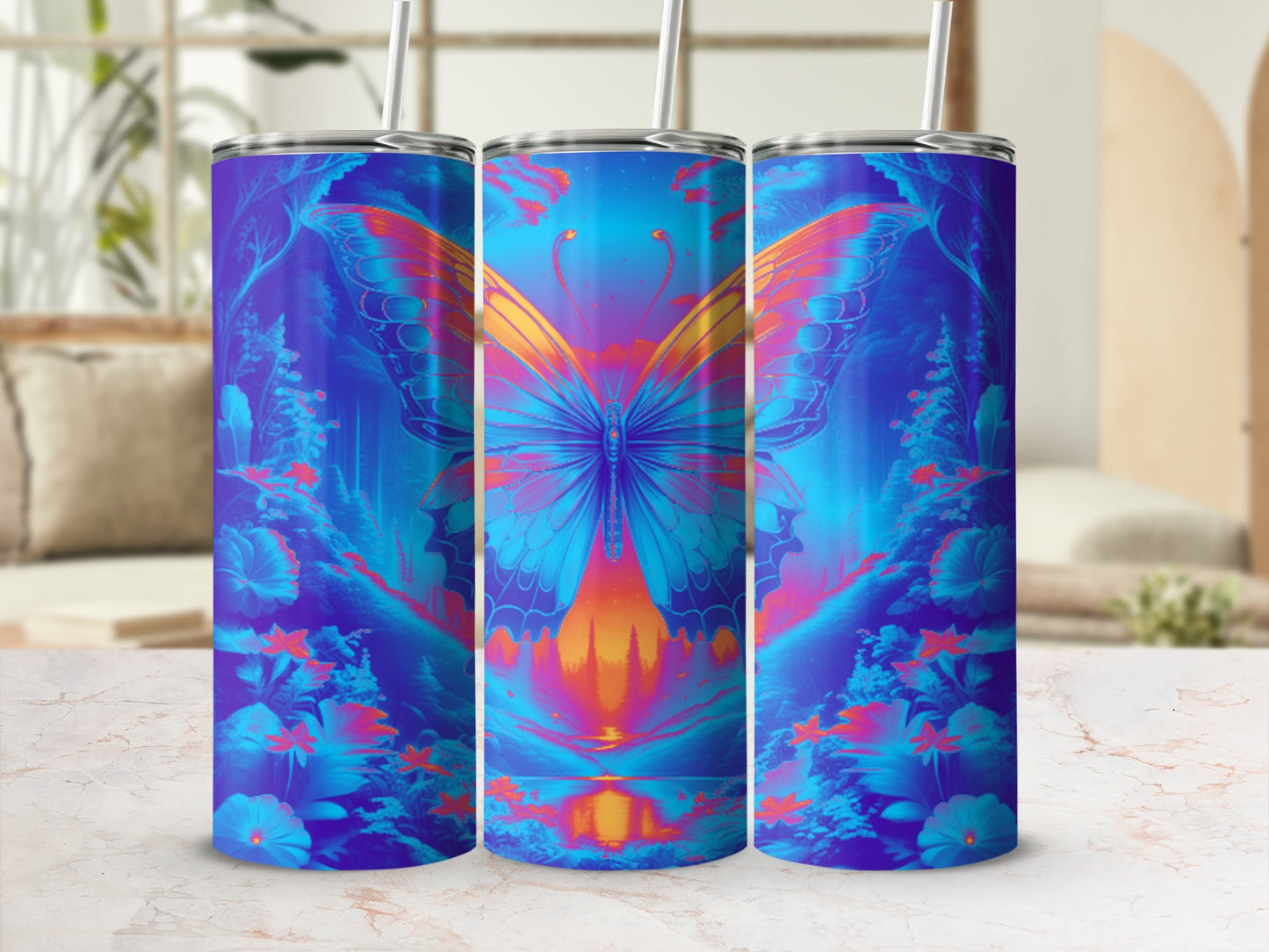 Blue and purple tumbler with a glowing butterfly design and floral accents.
