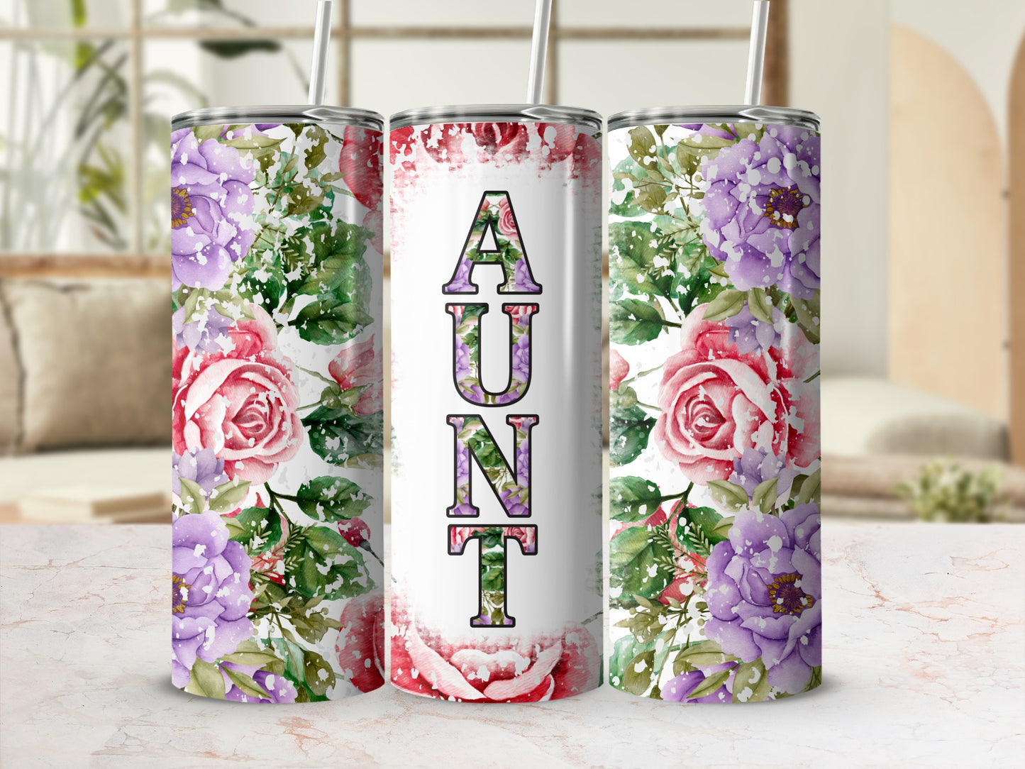 Aunt Watercolor Floral Splatter design tumbler