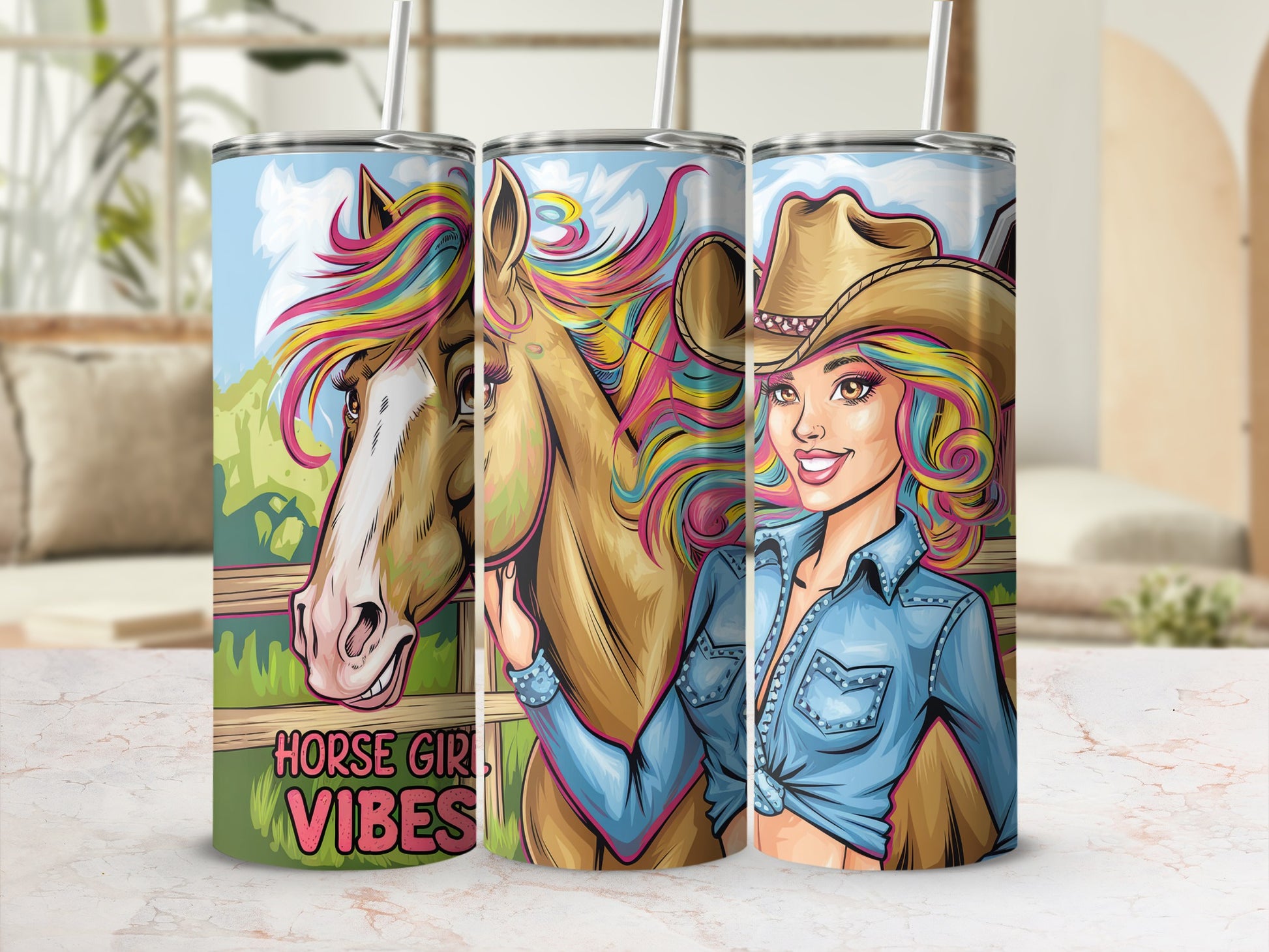 Tumbler with horse and cowgirl art, "Horse Girl Vibes" text.