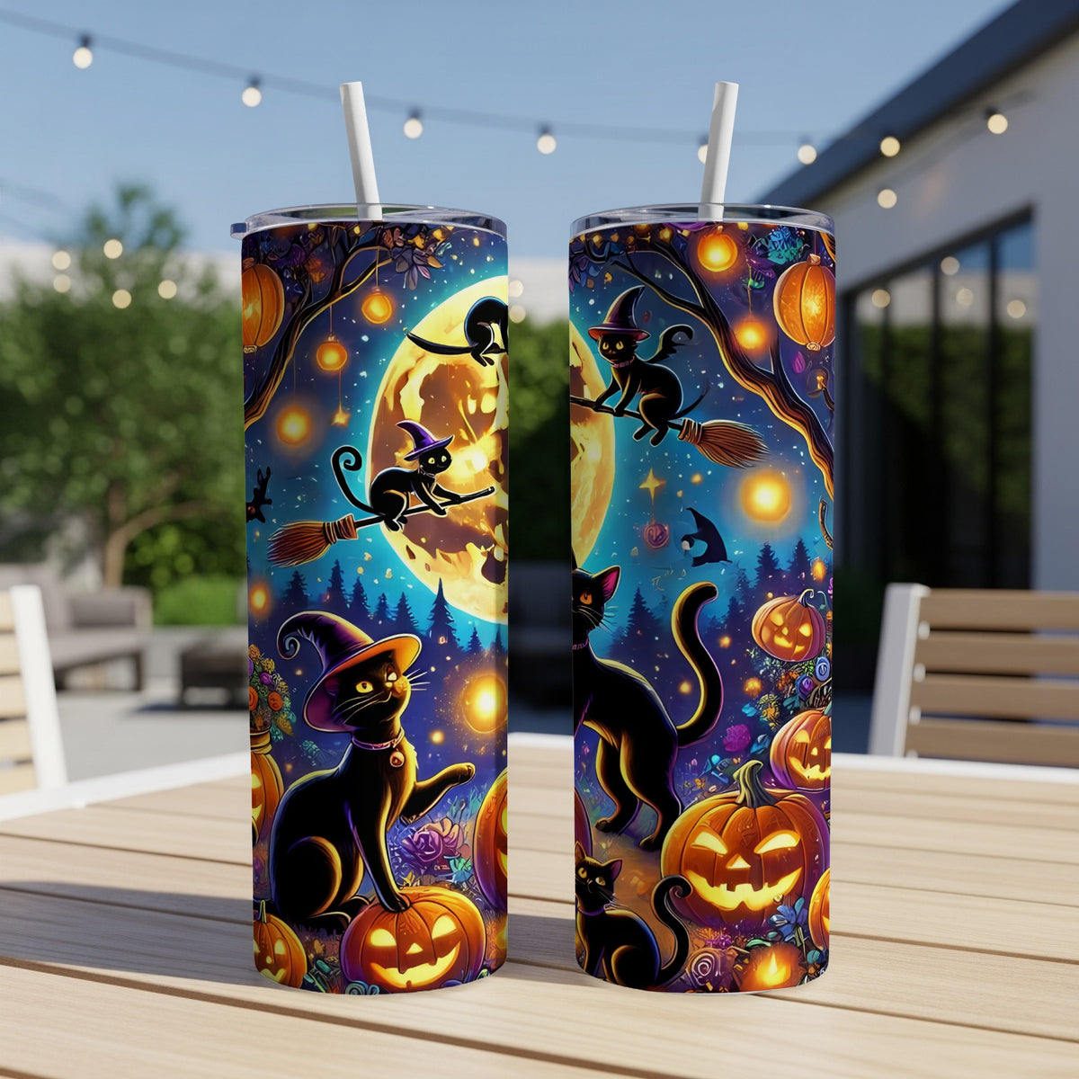 Two tumblers display a Halloween scene with black cats, pumpkins, and a full moon.