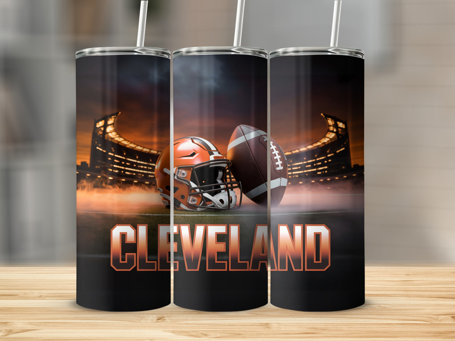 Cleveland Browns helmet and football with stadium backdrop.