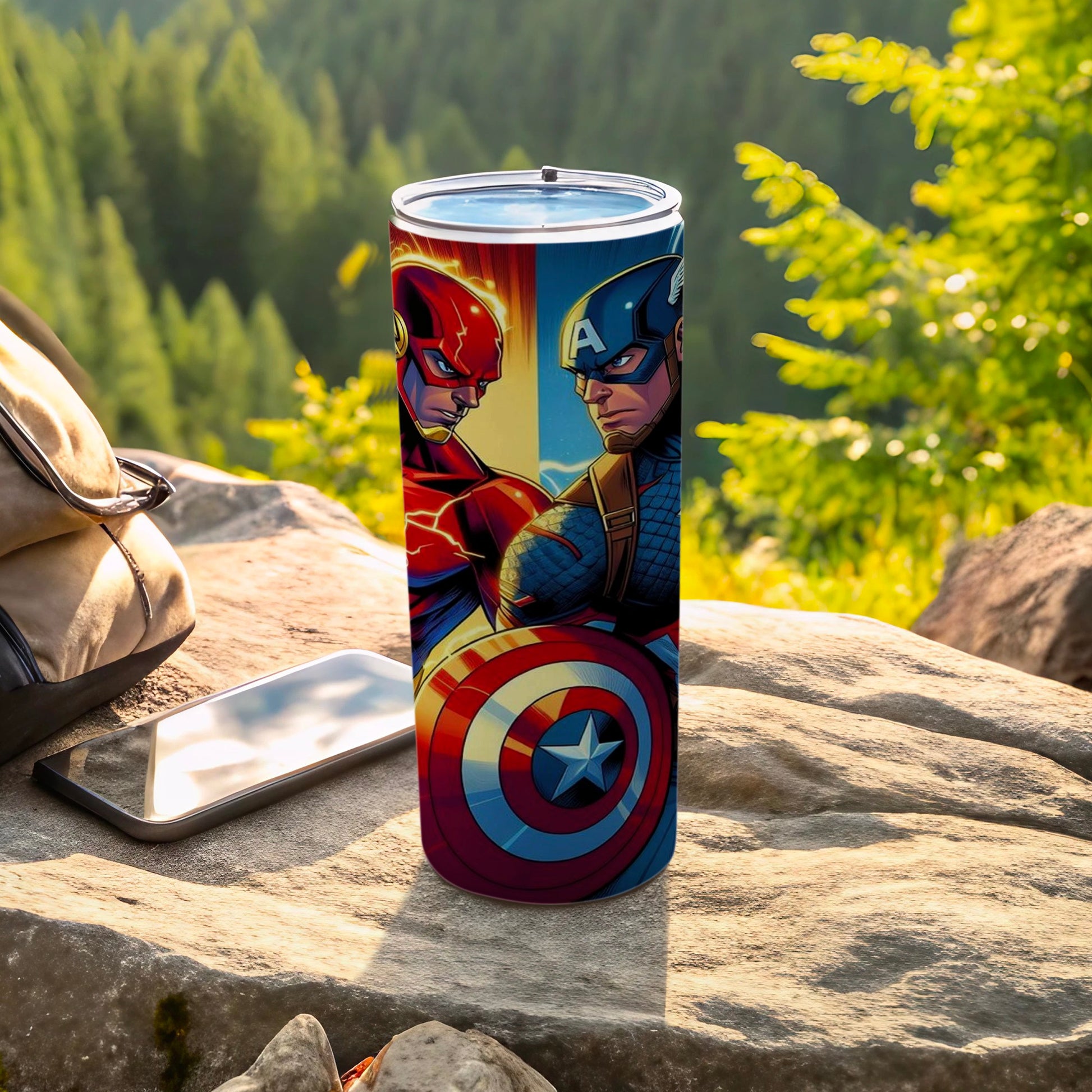 Superhero tumbler featuring Captain America and Flash, set outdoors.