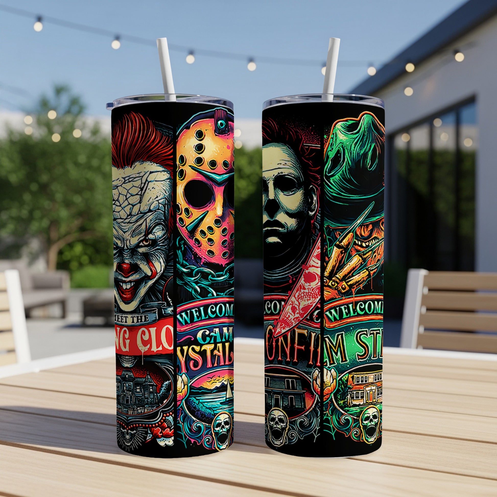 Two tumblers with horror movie character art and text about film.