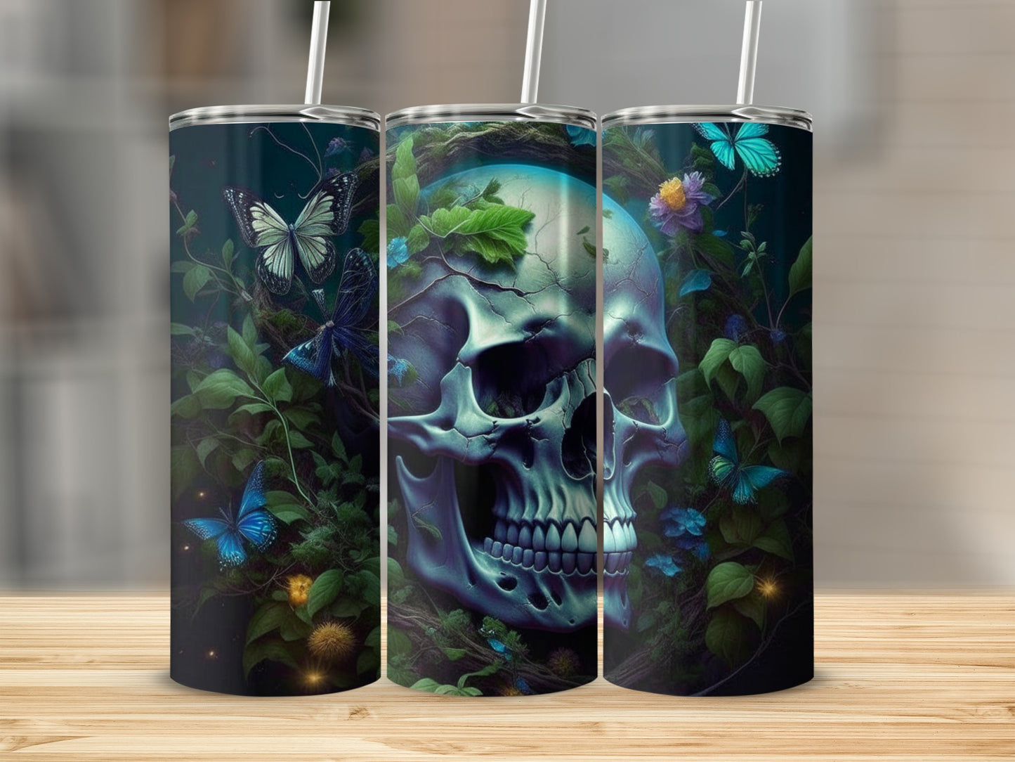 Glow-in-the-dark tumbler with skull and butterfly design.
