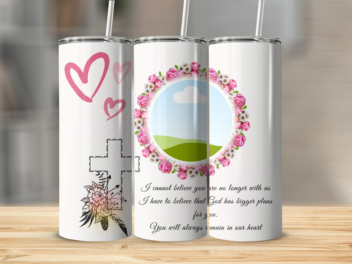 Tumblers with hearts, floral wreath, cross, and text about God's bigger plans.