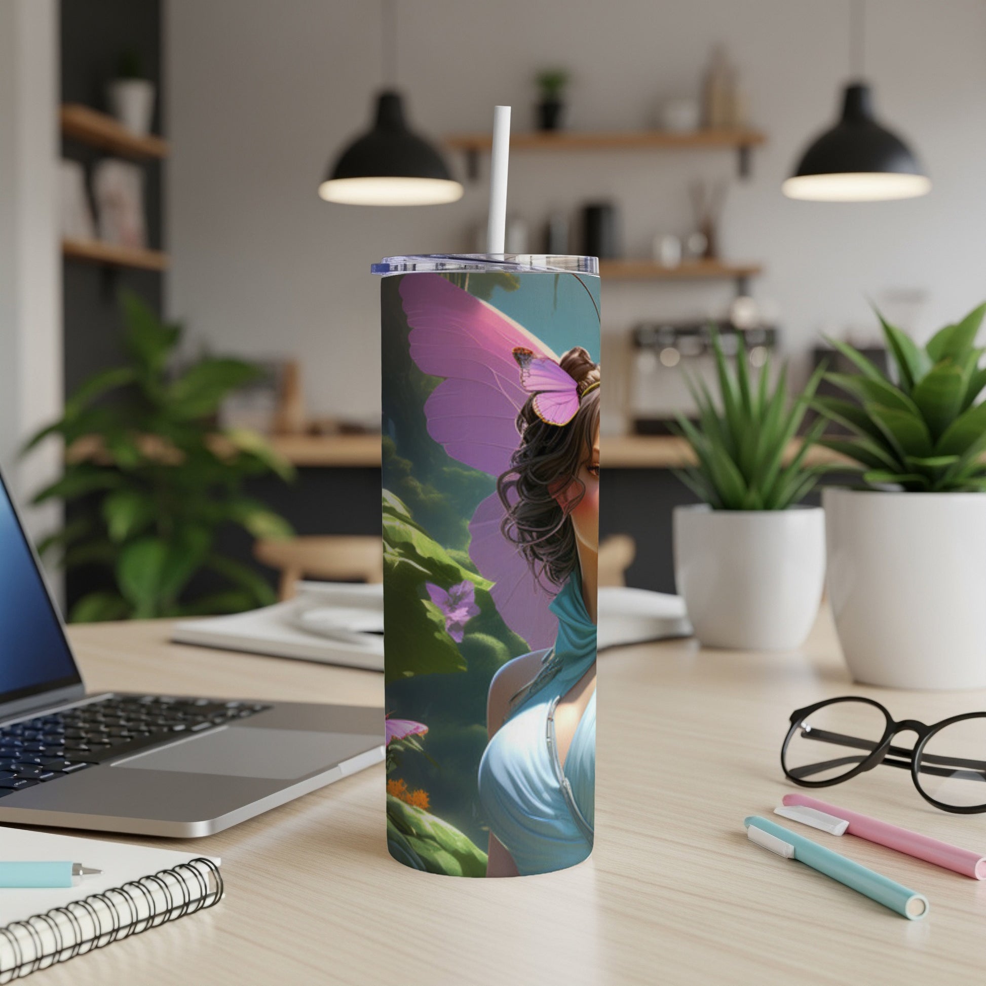 Fairy with large wings on a blue tumbler cup with floral background.