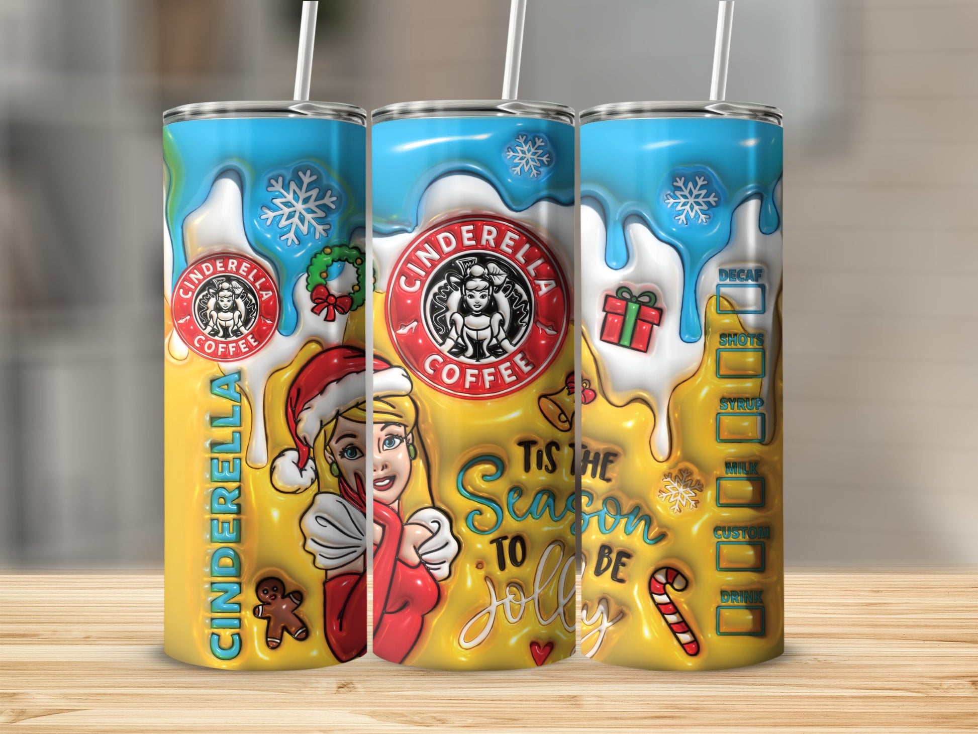Cinderella Coffee Christmas Design Tumbler Holiday Decor