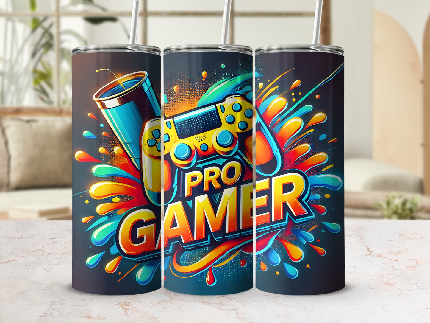 Tilted tumblers with "Pro Gamer" text and colorful gaming graphics.