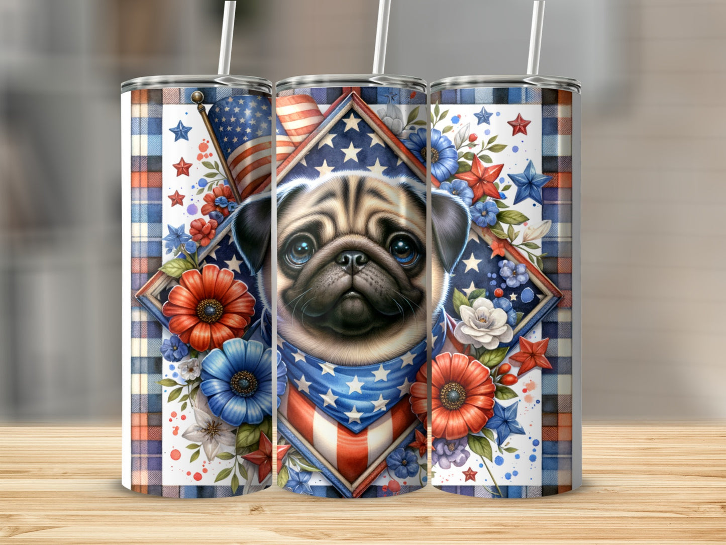 Pug wearing bandana with American flag and floral accents.