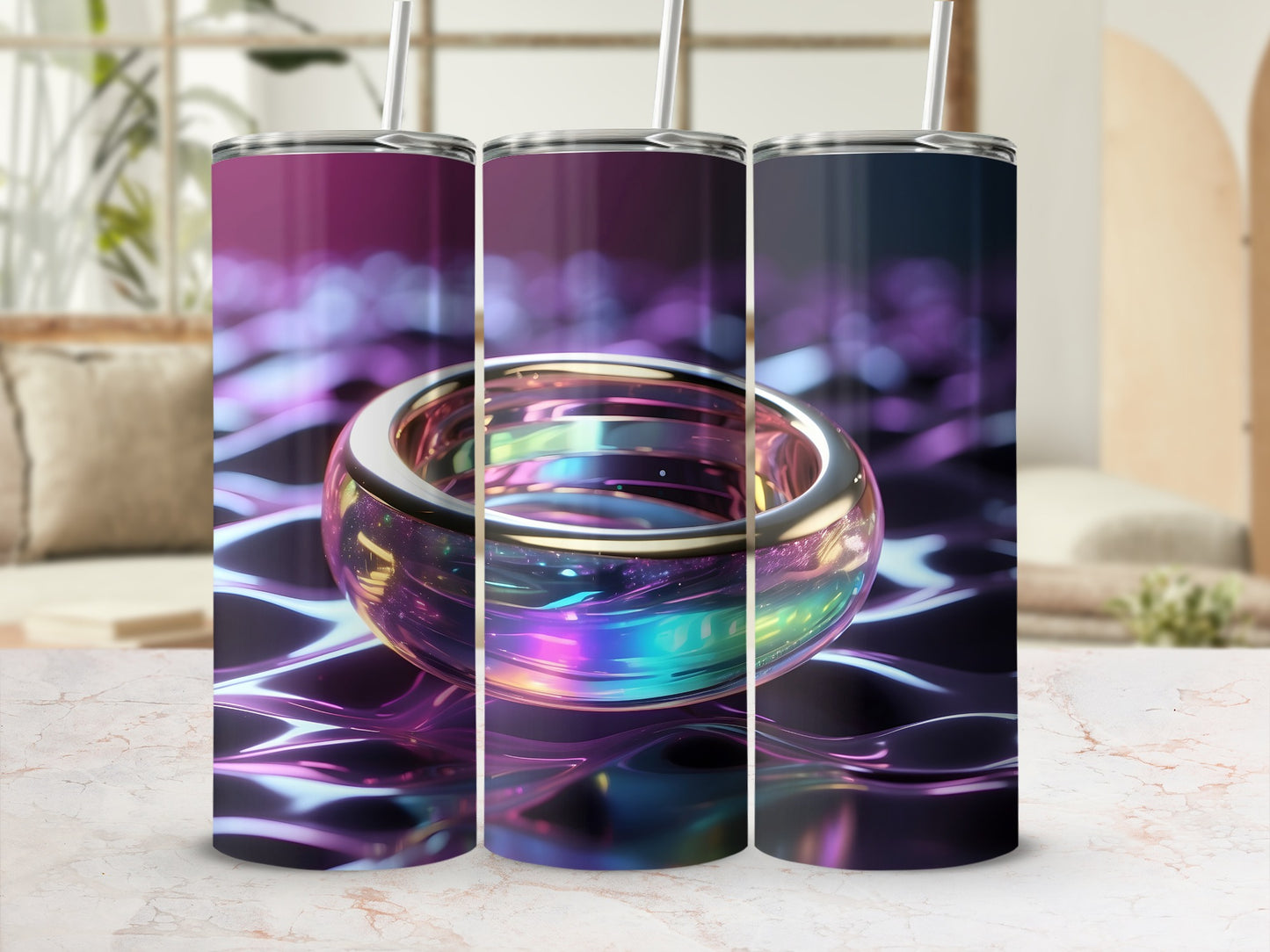 Three tumblers with abstract purple and pink marbled design.