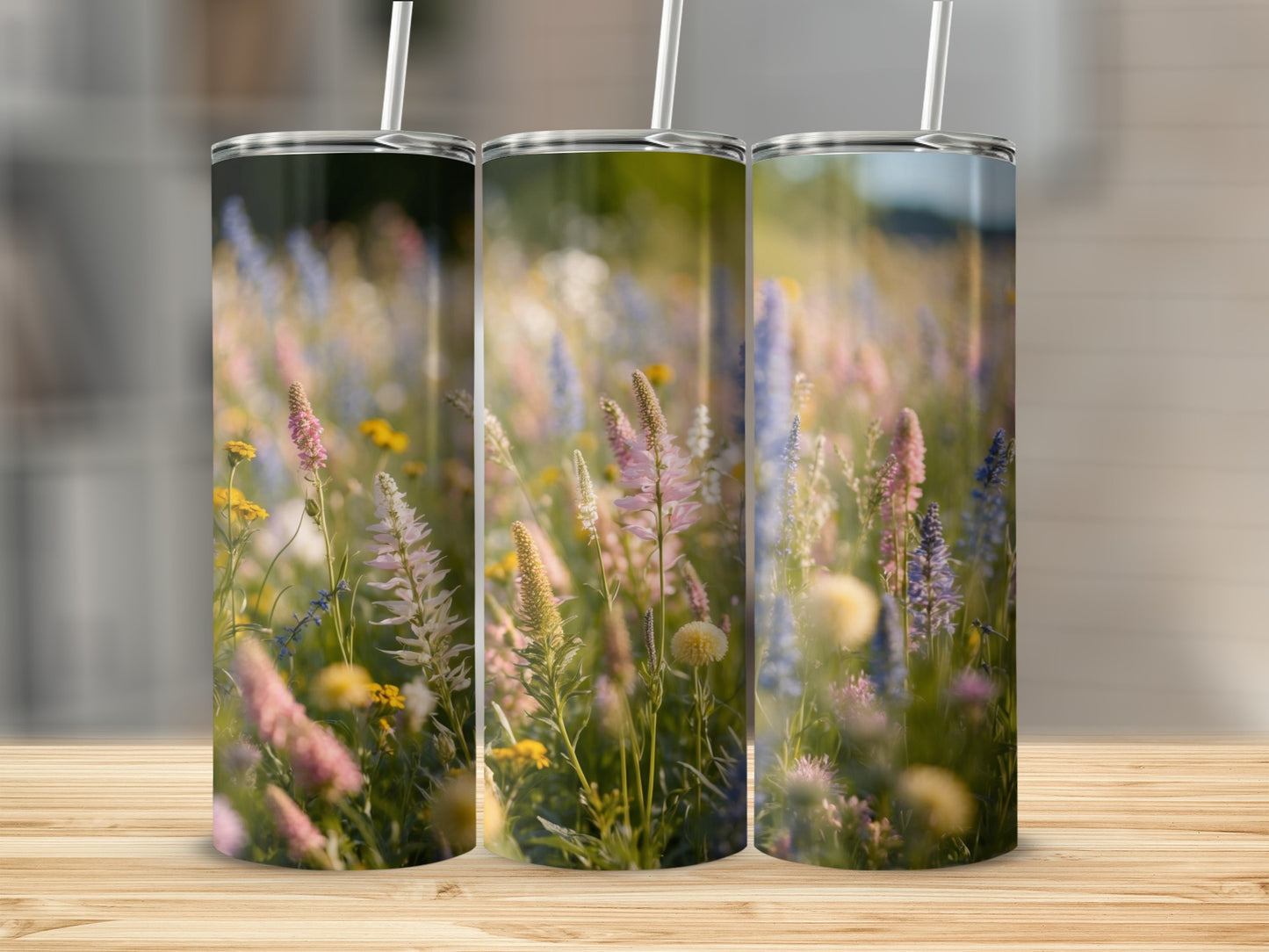 Three tumblers display a field of wildflowers in soft, sunlit focus.