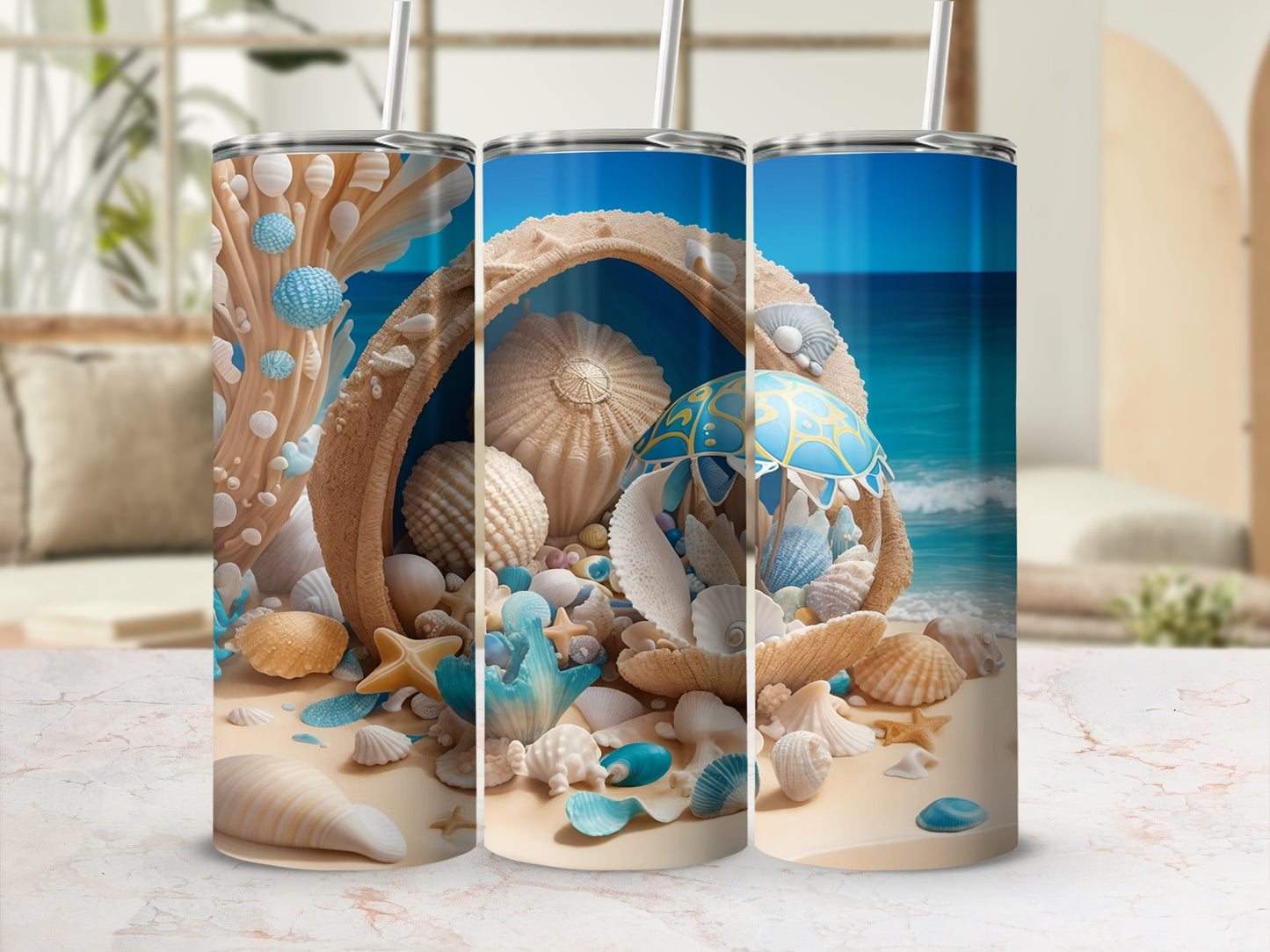 Three tumblers decorated with seashells, starfish, and coral against a beach background.