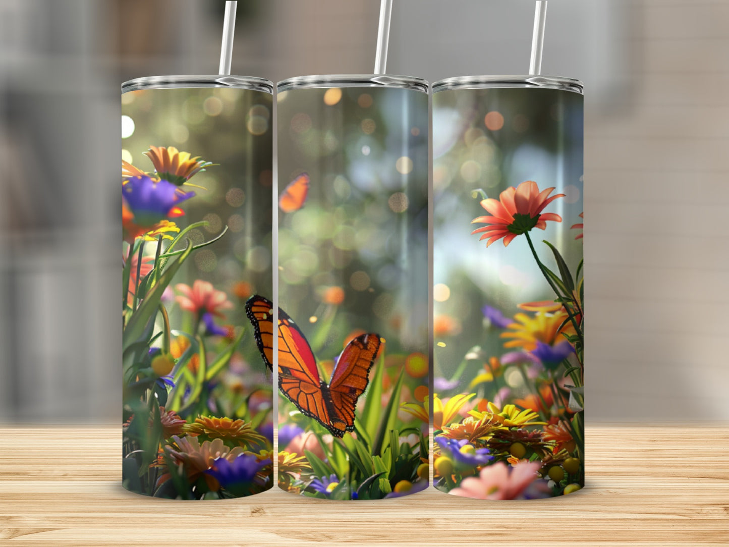 Three tumblers with an orange butterfly and colorful flowers design.