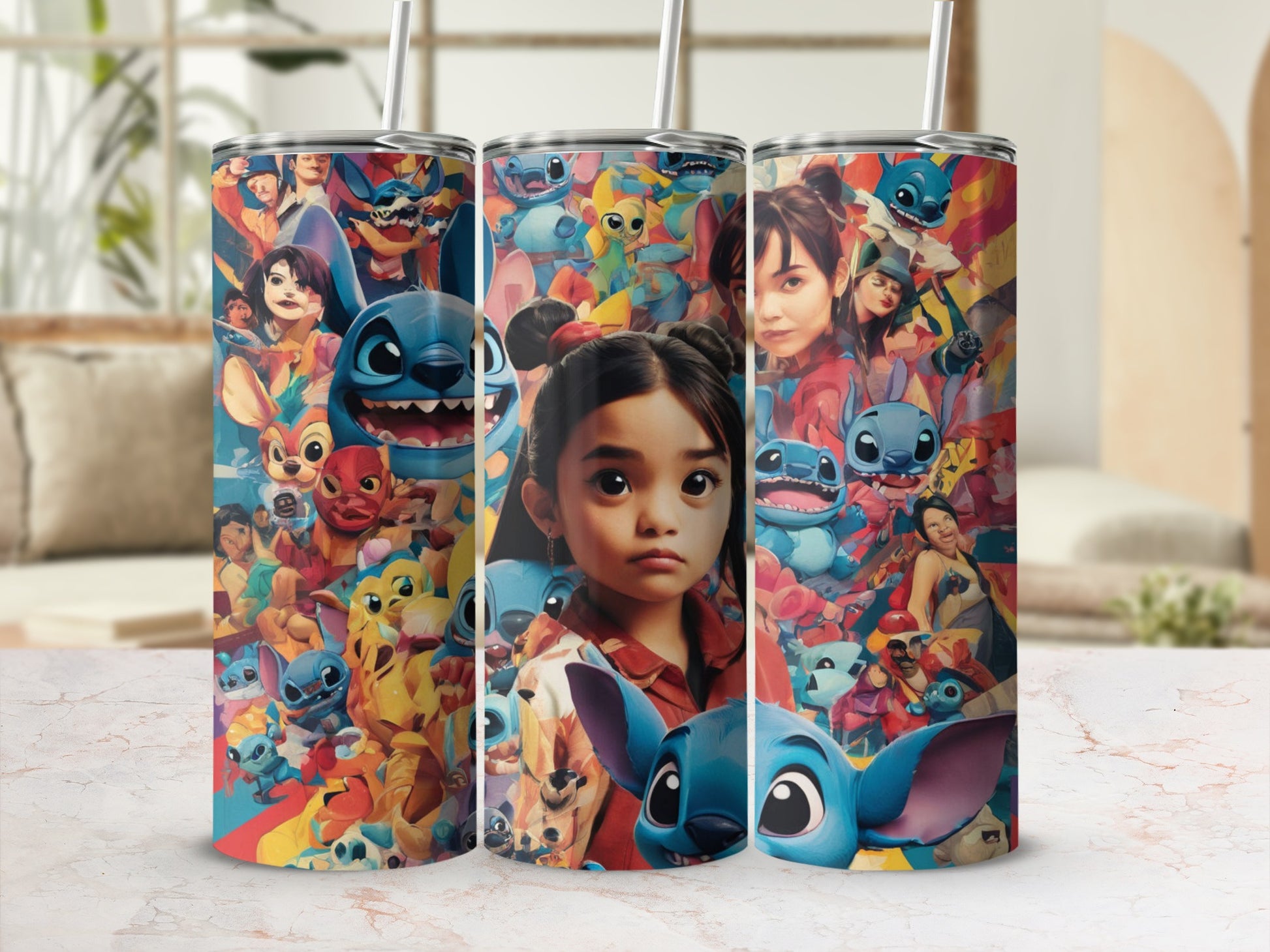 Three tumblers featuring Disney's Stitch and a young girl.