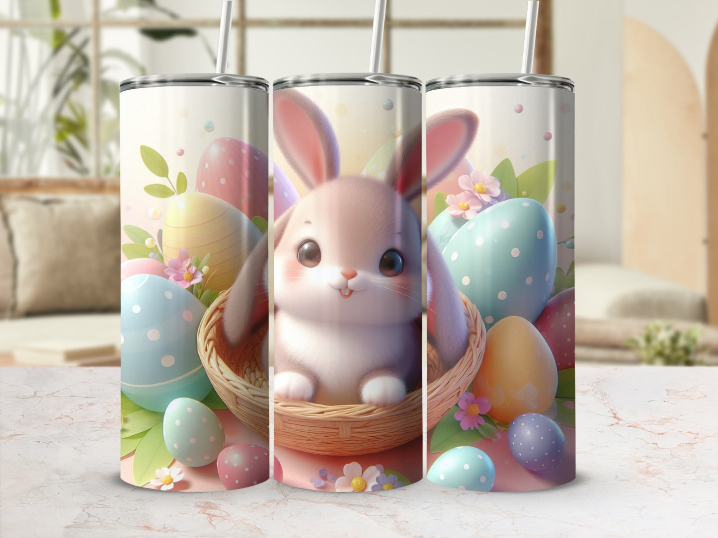 Easter bunny in a basket surrounded by colorful Easter eggs and flowers.