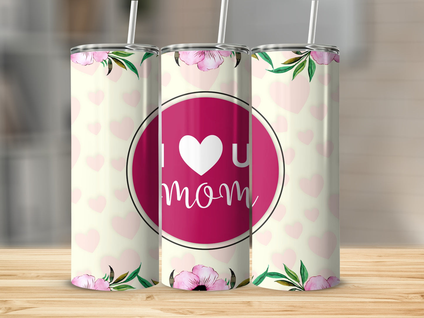 I Love Mom Floral Heart Design Tumbler Cup