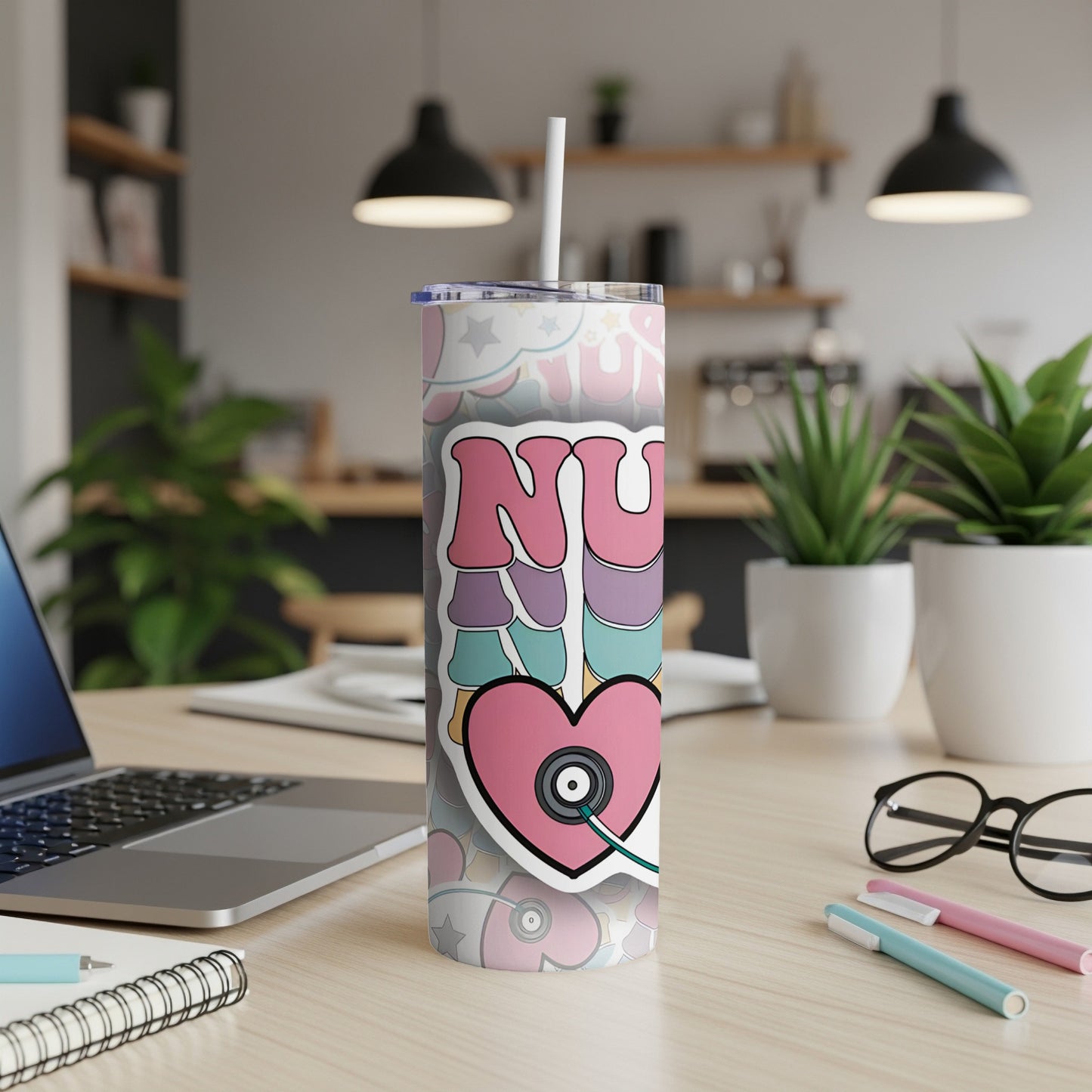 Nurse tumbler with heart stethoscope and colorful graphic pattern.
