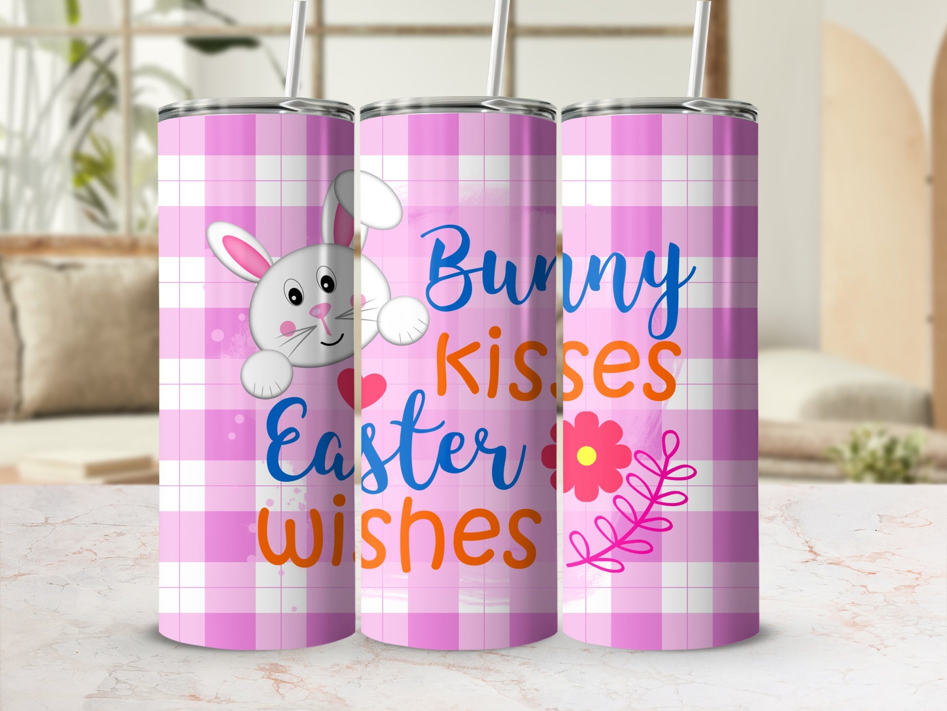 Pink plaid tumbler with bunny, "Bunny kisses, Easter wishes" text.