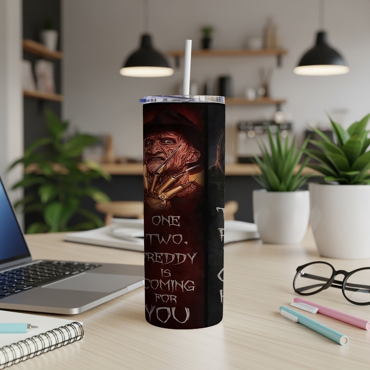 Tall tumbler with Freddy Krueger design and text "One, two, Freddy's coming for you."