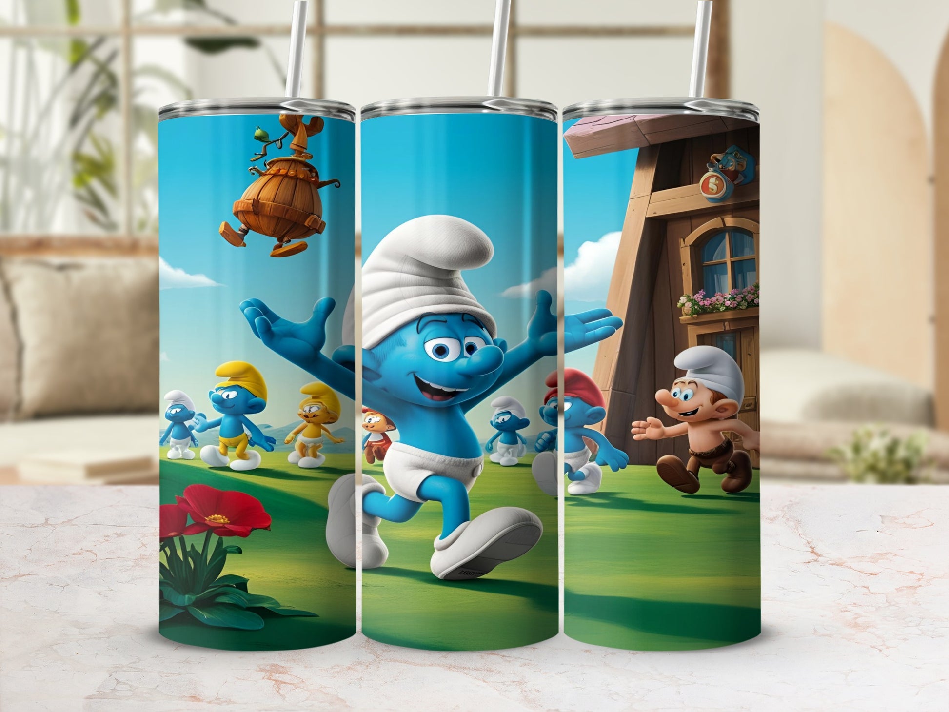Smurfs on a grassy field with poppies, in front of a wooden structure.