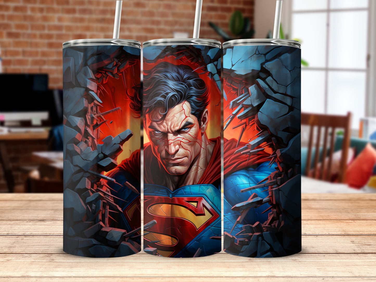 Superman Breaking Through Wall Art Tumbler Design