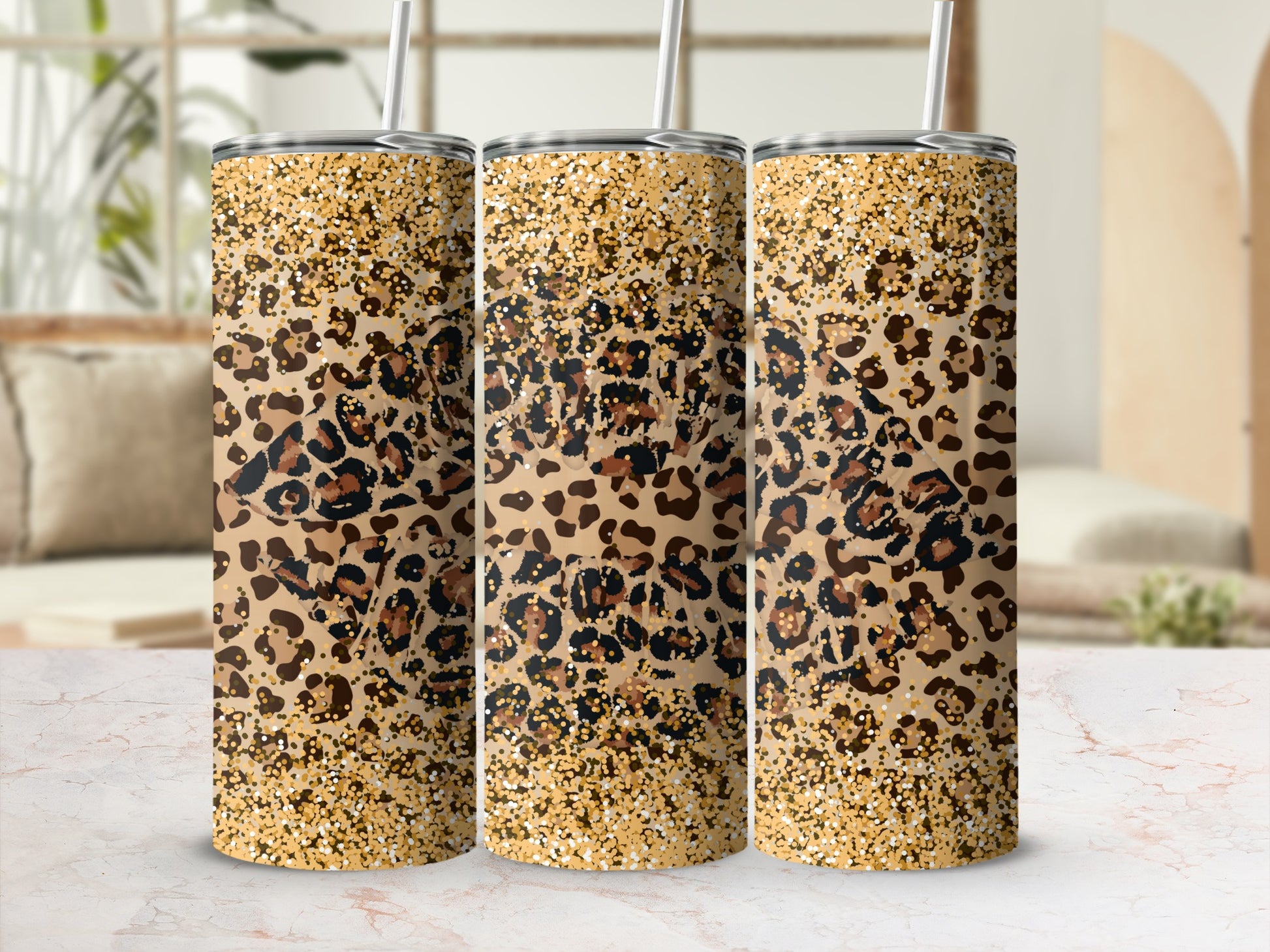 Leopard Print Glitter Tumbler Stainless Steel Cup
