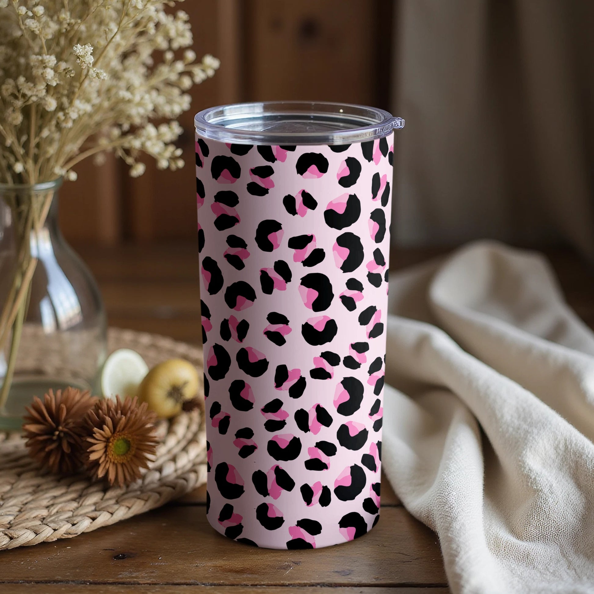 Pink and Black Leopard Print Tumbler with Lid