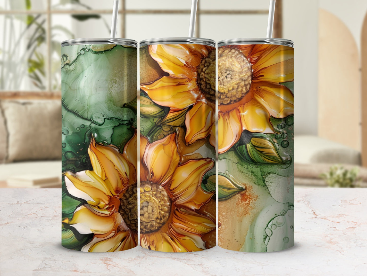 Three tumblers with sunflower and green ink splatter design.