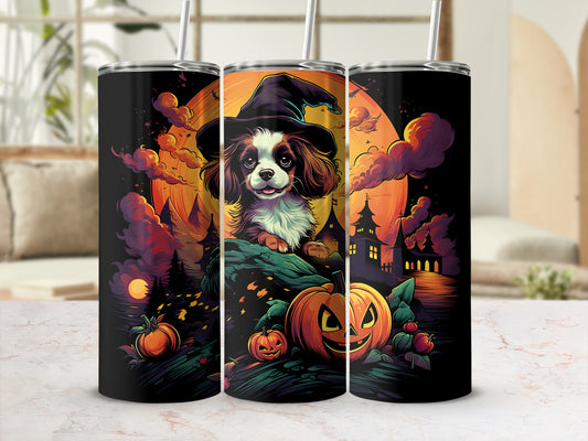 Halloween dog in a witch hat with pumpkins and spooky castle on a full moon night.