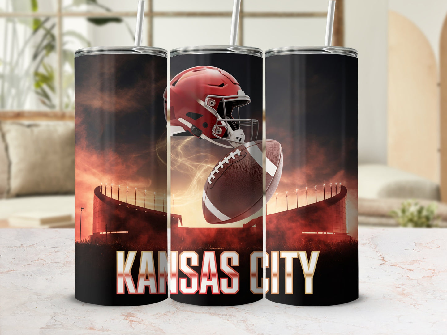 Tumbler featuring a football helmet and ball with Kansas City stadium background.