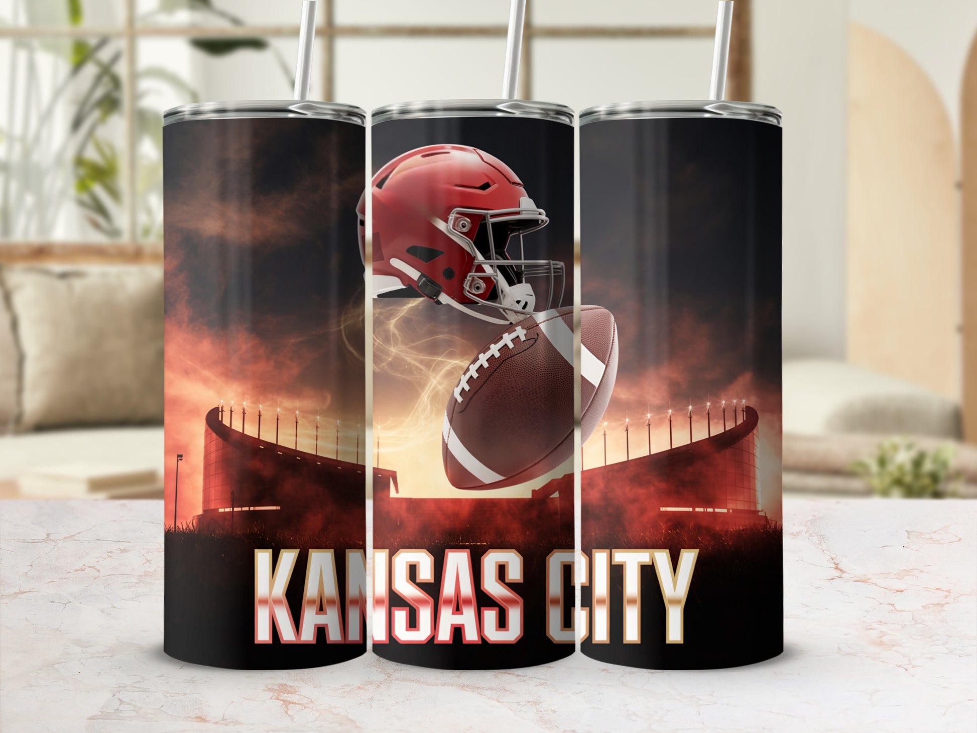 Tumbler featuring a football helmet and ball with Kansas City stadium background.