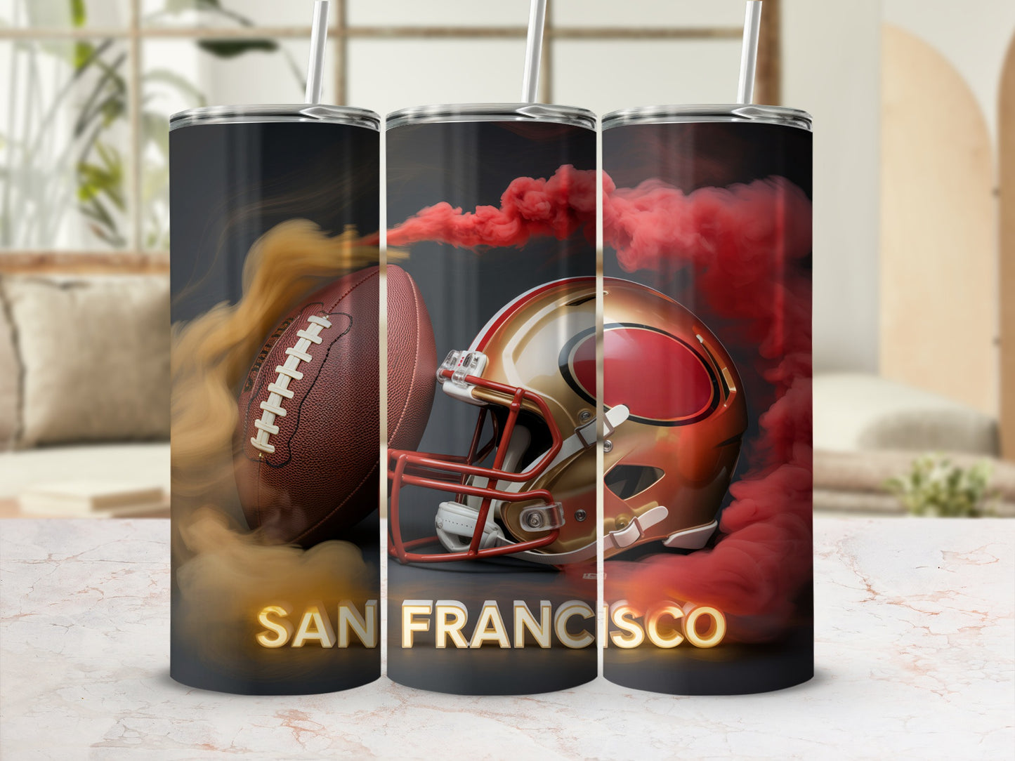 San Francisco 49ers helmet and football with red smoke.