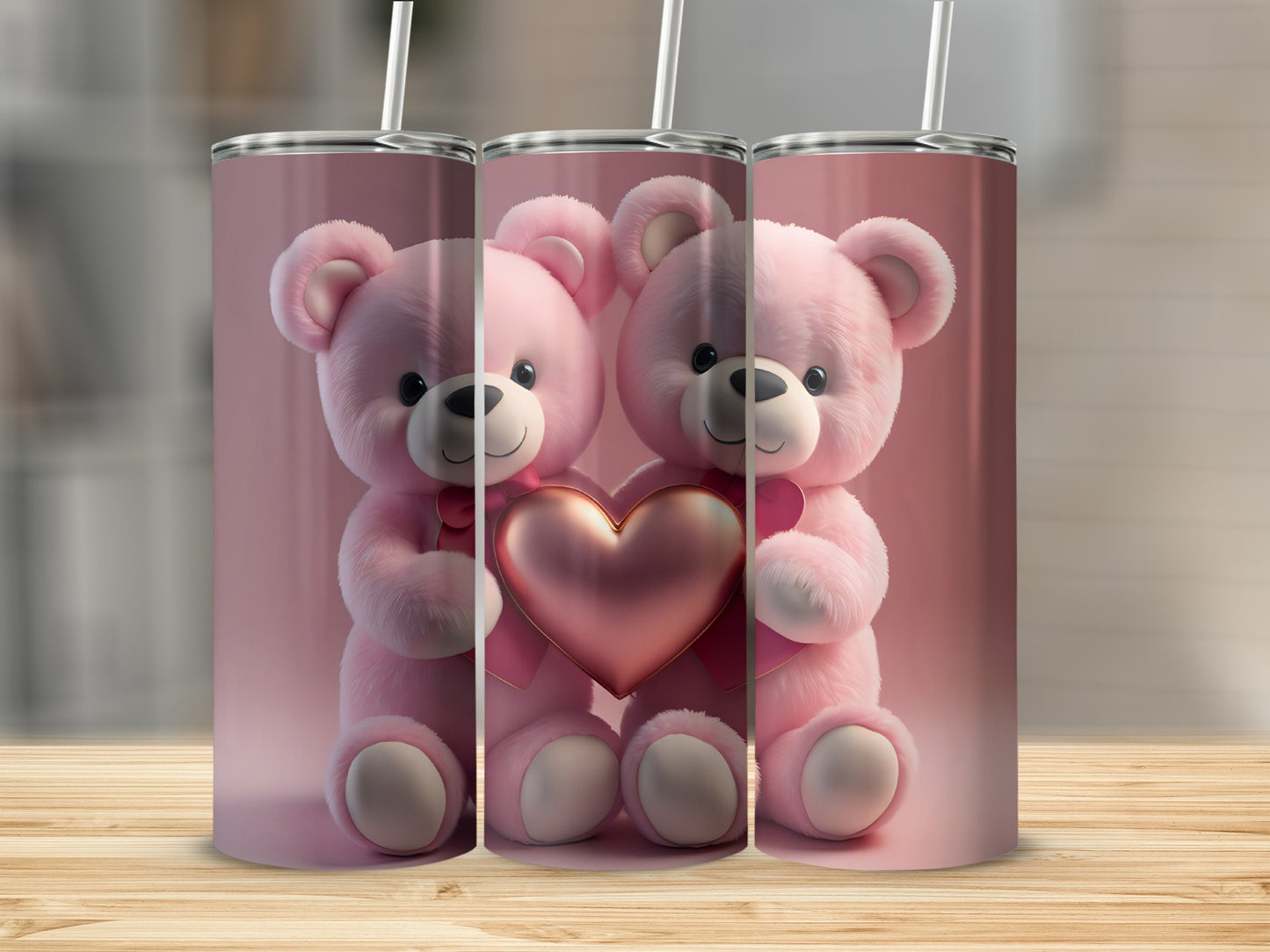 Cute Pink Teddy Bear Holding Heart Tumbler Cup