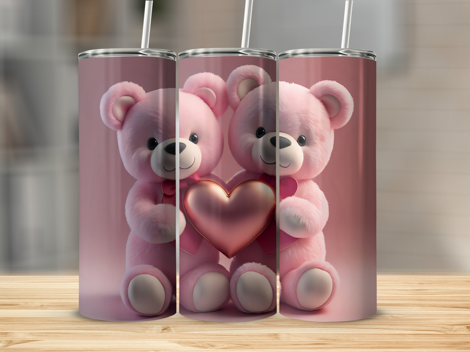 Cute Pink Teddy Bear Holding Heart Tumbler Cup