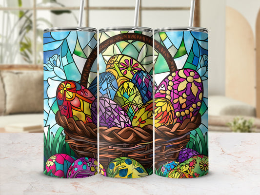 Stained glass tumbler with colorful Easter eggs in a basket.