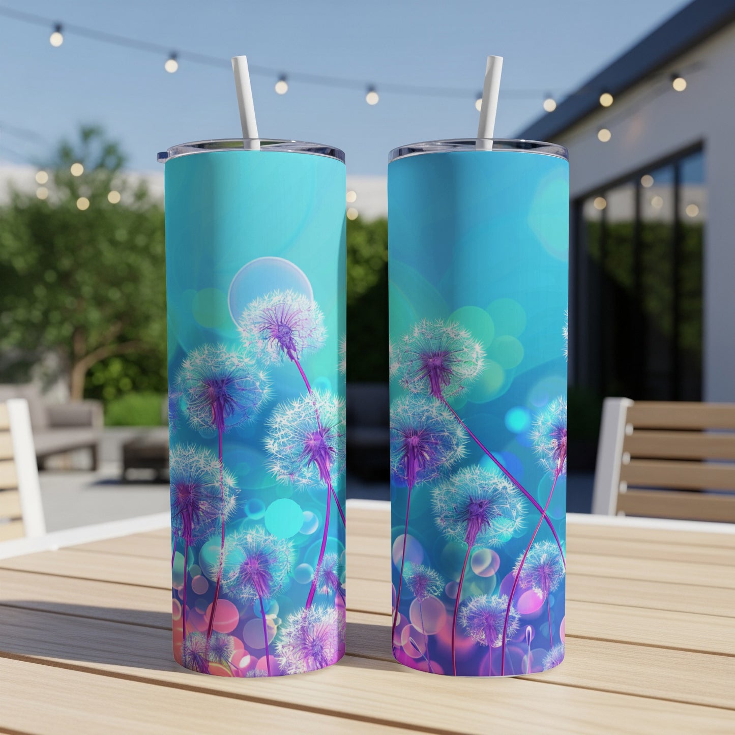 Two tall, slender tumblers with a blue gradient and dandelion graphic.