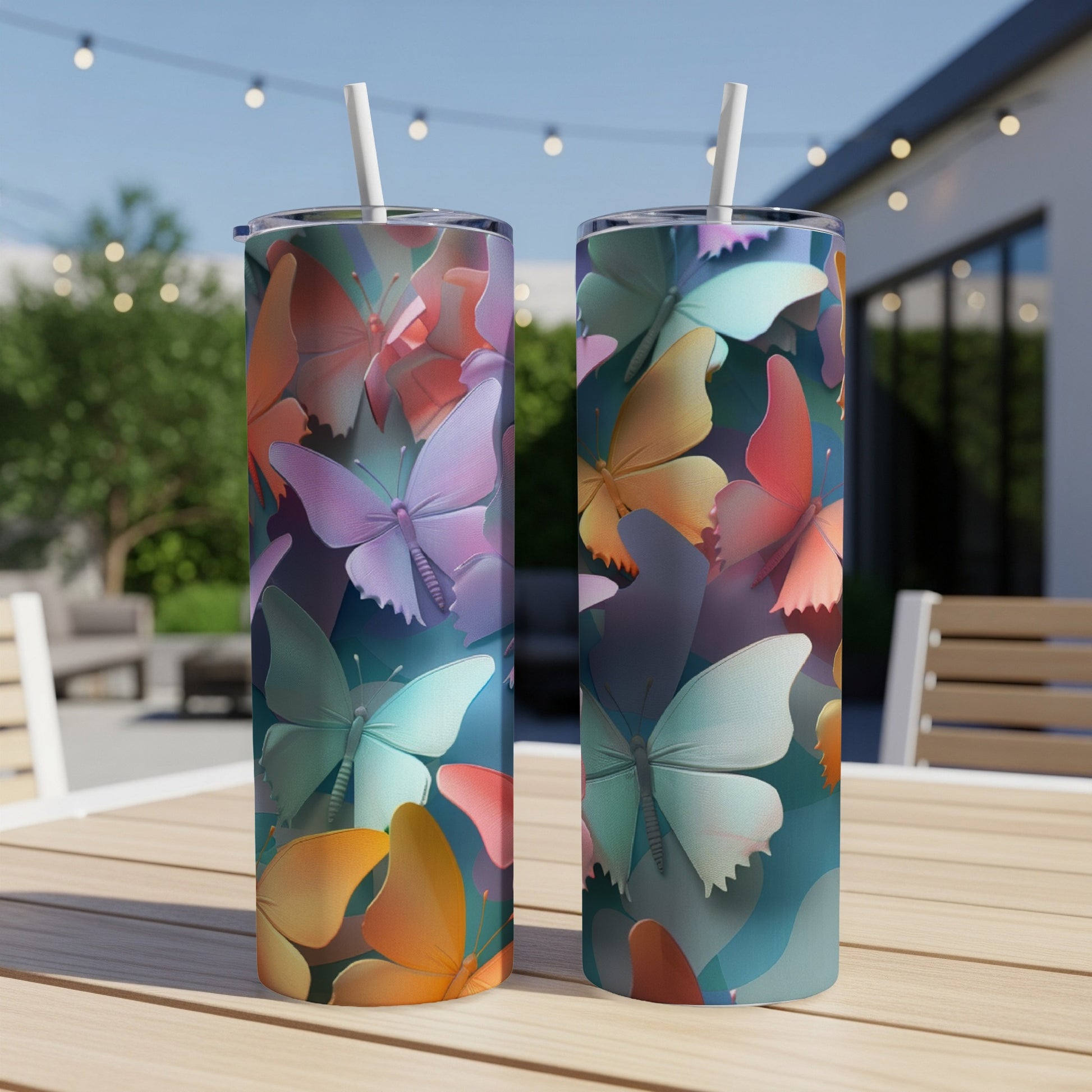 Two tall tumblers with a colorful butterfly pattern on a wooden table.