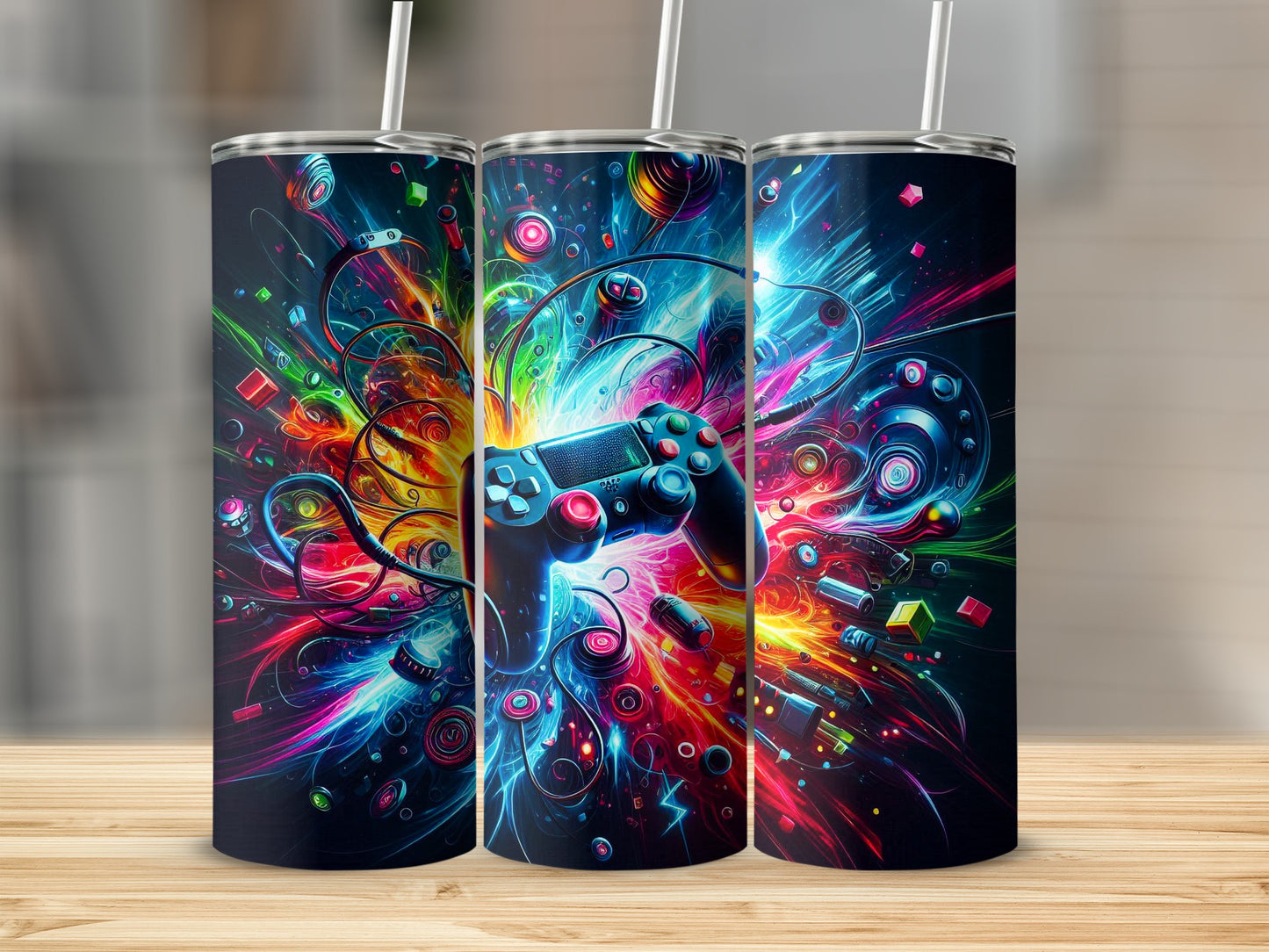 Gaming controller surrounded by colorful digital explosion.