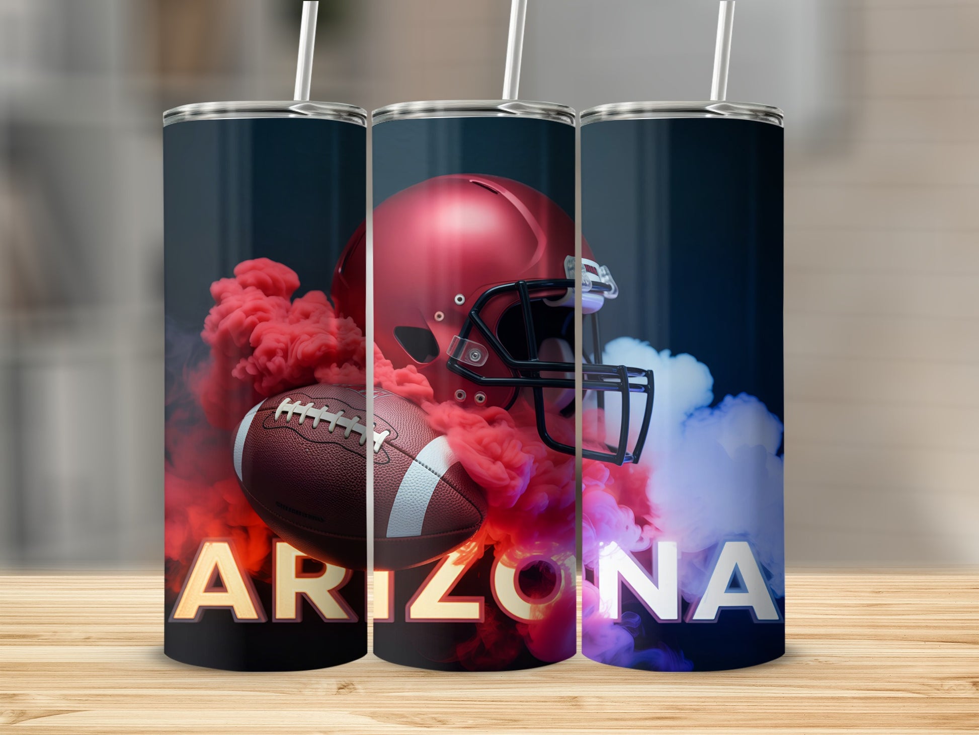 Arizona Cardinals football helmet and ball with red and blue smoke.