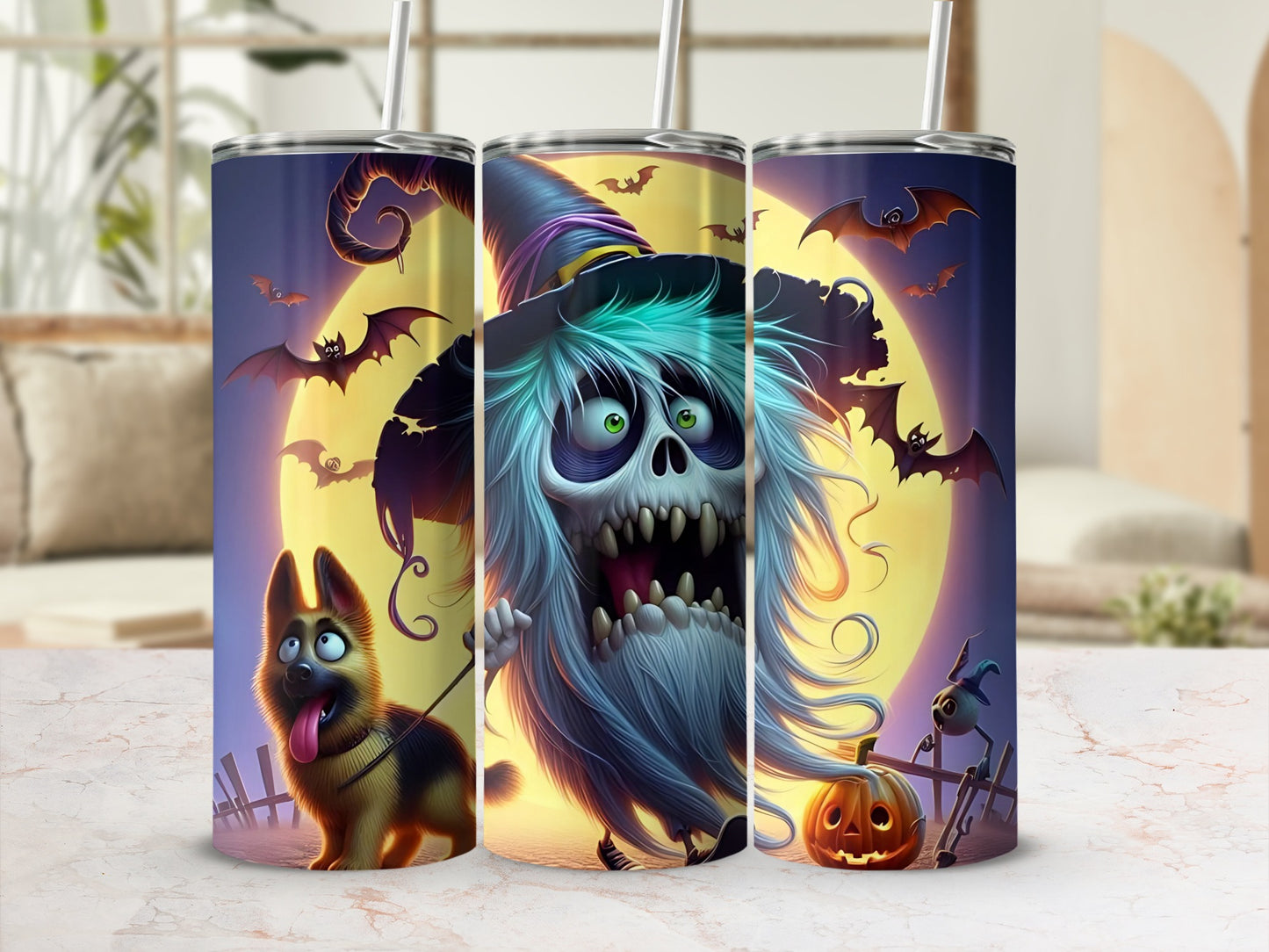 Three tumblers with Halloween designs: a German Shepherd, a monster, and a pumpkin.