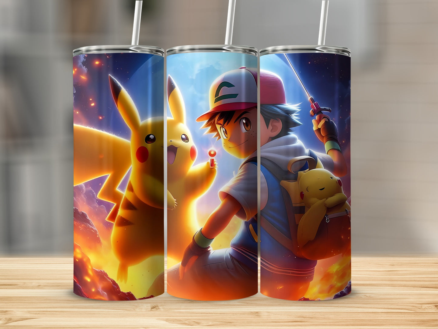 Pikachu and Trainer Tumbler with Straw Flask Cup